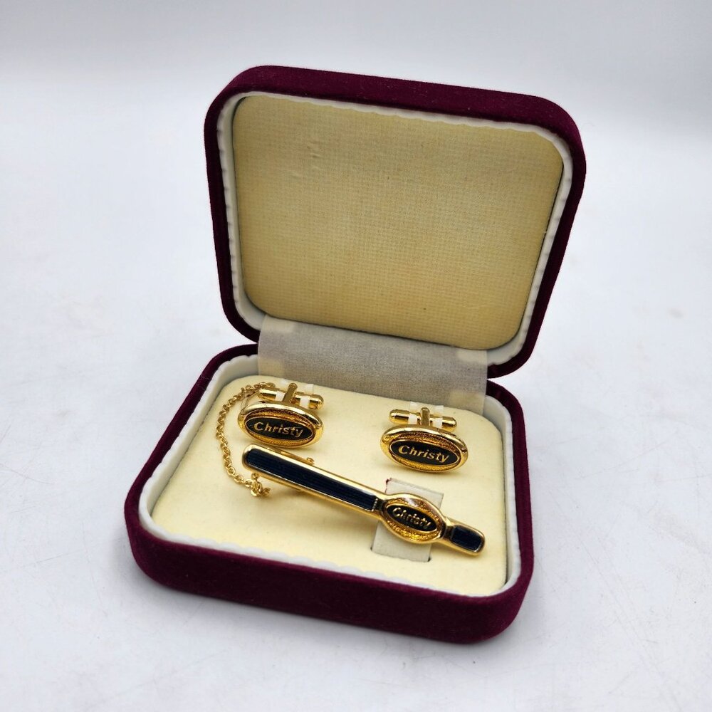 Christy Vault Company Oakland CA Cufflinks Tie Clip Set Gold Tone In Velvet Box